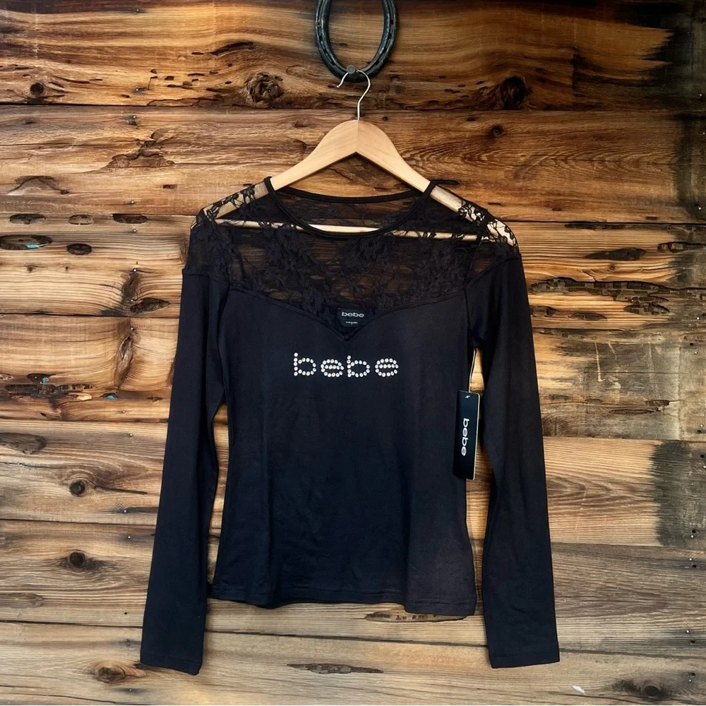 BEBE | NWT Y2K Black Long Sleeve Top with Lace Accents S